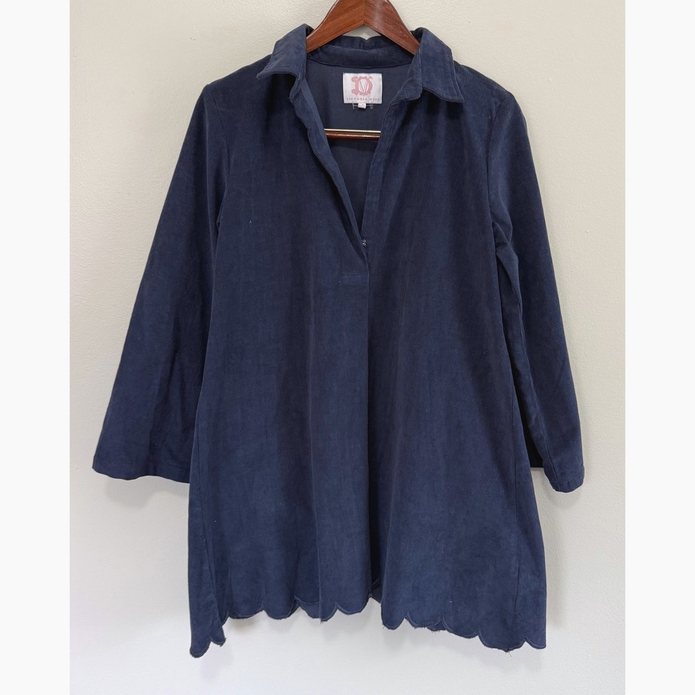 Victoria Dunn Navy Blue Blaire Corduroy Scalloped Hem‎ Tunic Dress Size Small